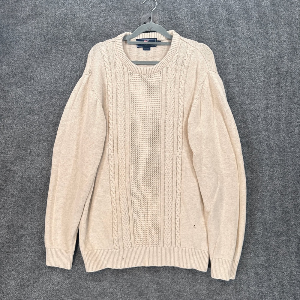 Vineyard Vines Fisherman Sweater Mens Large Beige Cable Knit Crewneck Pullover